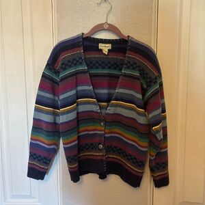 Vintage LL Bean Striped Blue Purple Cardigan Sweater Southwest Sz M Heavy Cotton